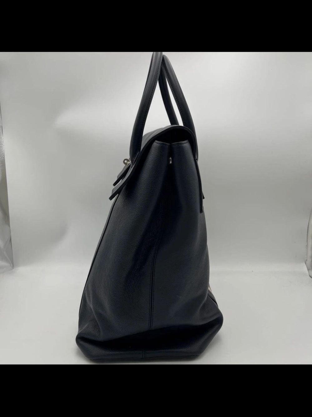 Mulberry Navy Leather Tote with Cream and Olive Center Stripe - Picture 3 of 16